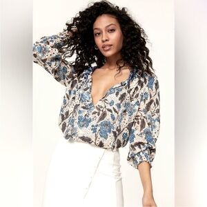 Joie Jaipur Floral Long Sleeve Smocked Waist & Cuffs Clip Dot Peasant Top